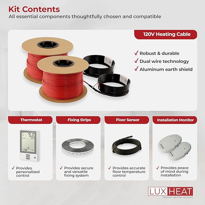 140sqft Floor Heating Cable Kit - 120v Vinyl Flooring Heating System - Heated Flooring System Includes UDG Programmable Thermostat w/GFCI, In Floor Heat Cable, Strapping, Sensor & Alarm