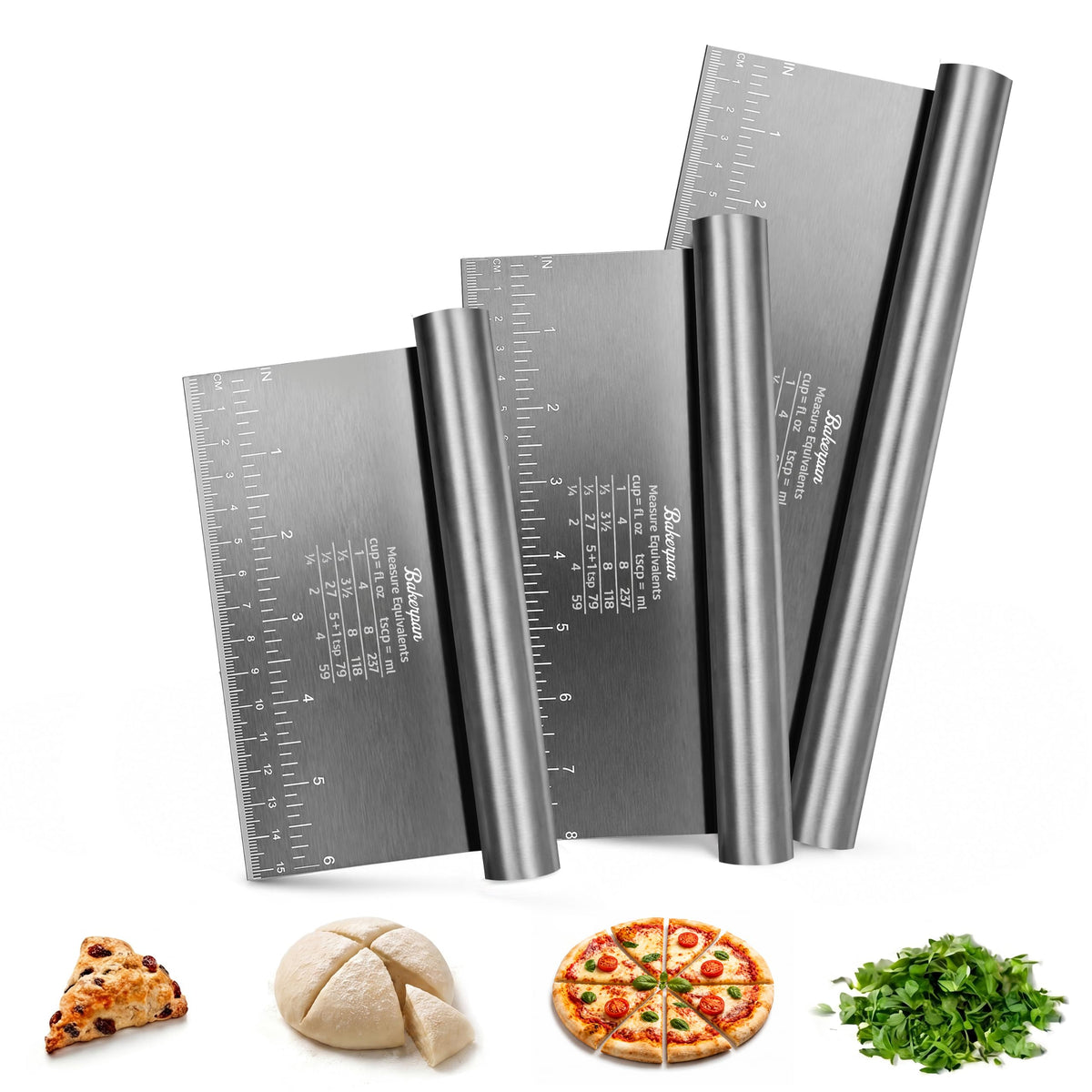 Bakerpan Stainless Steel Heavy Duty Dough Cutter, 3 Size Set - Metal Bench Scraper Kitchen Utensils, Chopper, Pizza and Pastry Cutter Tool, 10, 8, 6 Inch