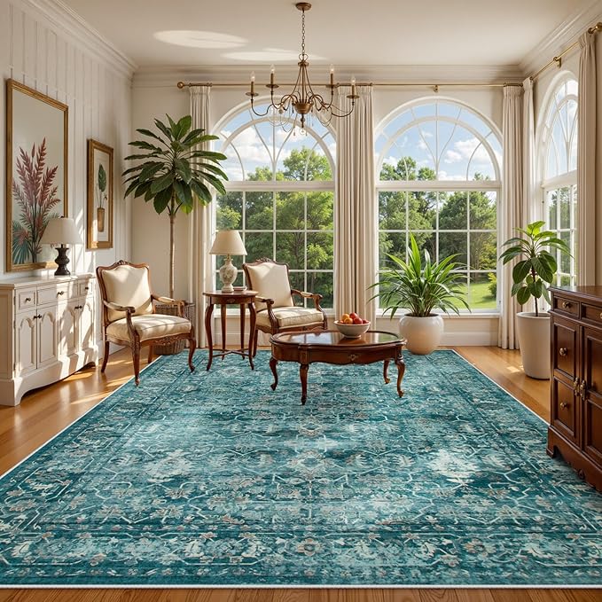 Lahome Vintage 9x12 Washable Blue Rugs for Living Room Bedroom, Boho Dining Room Rugs for Under Table, Soft Non Slip Indoor Throw Carpet for Home Office Playroom (9x12ft,Blue)