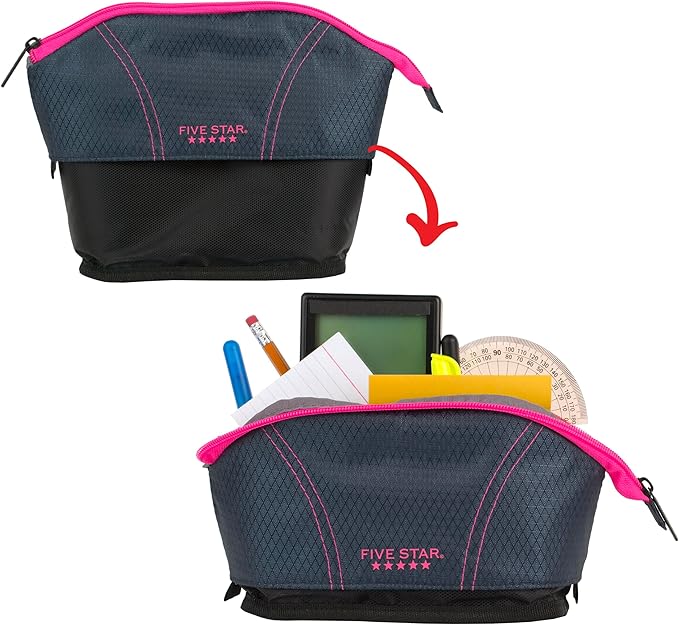 Five Star Pencil Pouch, Pen Case, Quick View Expandable Zipper Pouch, Storage Organizer for School Supplies Earbuds Chargers Cables Makeup, Navy/Pink (507610B-ECM)