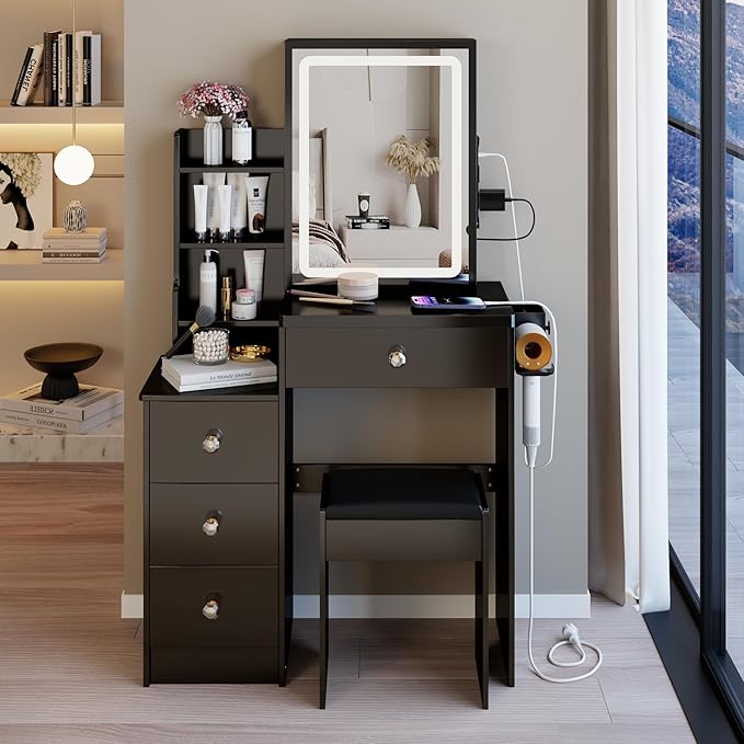 29.2" Small Vanity Desk with Mirror and Lights, Makeup Table with 2 AC+2 USB Power Station, Hair Dryer Bracket, Vanity Set with Drawers and Stool for Small Space Bedroom, Black