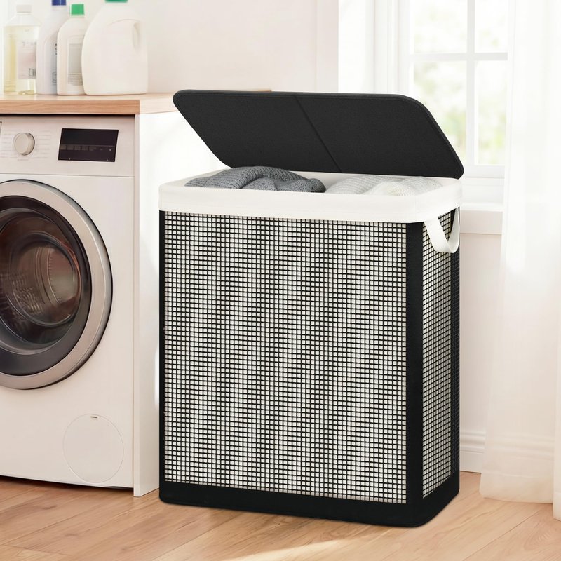 STO STO Double Laundry Hamper with Lid, 140L Large 2 Section Laundry Sorter, Laundry Basket with Removable Washable Canvas Liner Bag, Breathable Clothes Hamper for Bedroom Bathroom Laundry Room Closet