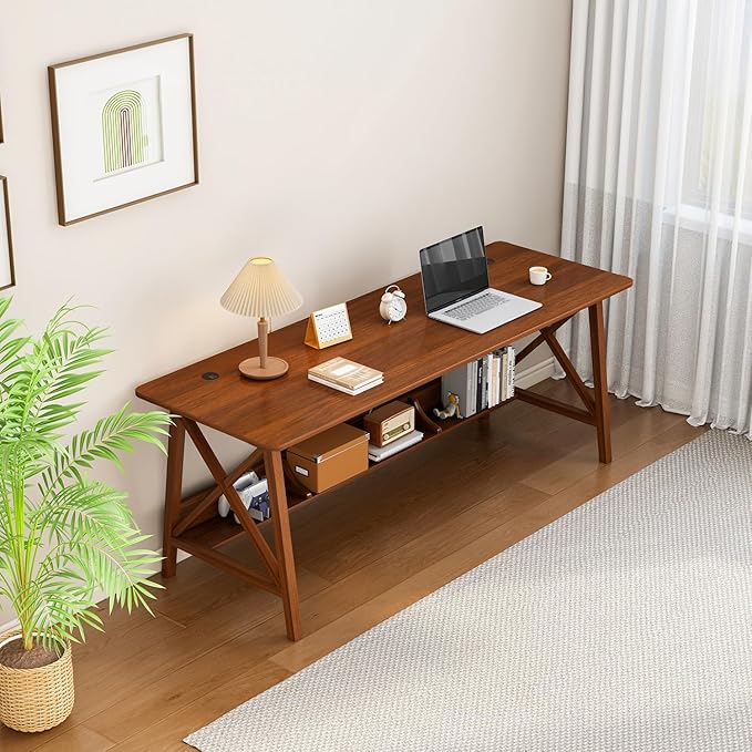 Extra Long Desk with Bookshelf - Wooden Home Office Work Study Table, 2-Person Writing Computer Workstation with Storage Shelf in Walnut, 63" Wx24 Dx30 H