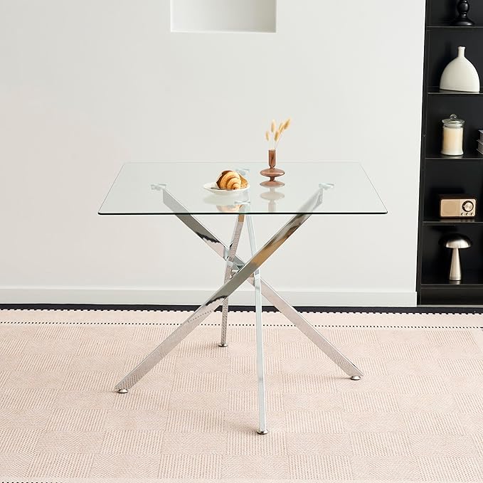 36" Square Glass Dining Table Modern Kitchen Glass Top Table for 4 with Silver Chrome Metal Legs, Clear Dining Table Kitchen Table for Home Office Dining Room