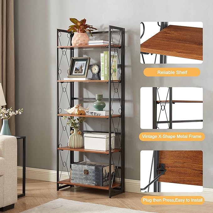 VECELO Folding Bookshelf 5-Tier,Industrial Metal Frame & Wood Shelves,Foldable Bookcase Easy Assembly Free Standing Tall Storage Organizer for Living Room,Office,Bedroom