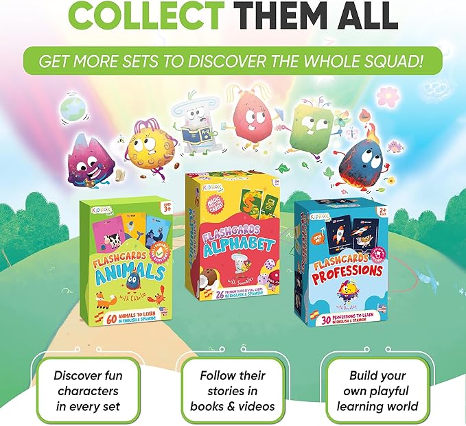 Kidrox Animals Flash Cards, English Learning Cards with Spanish Translations Included, Indestructible Double-Sided, 30 Cards