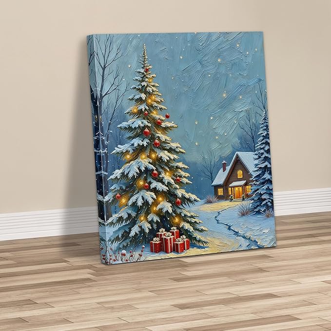 Framed Christmas Pictures Wall Decor,Vintage Pine Tree Prints,Winter Christmas Canvas Wall Art Decoration for Bedroom Bathroom Living Room Rustic Xmas Holiday Gifts (Christmas Tree 20, 16'' X 24'')