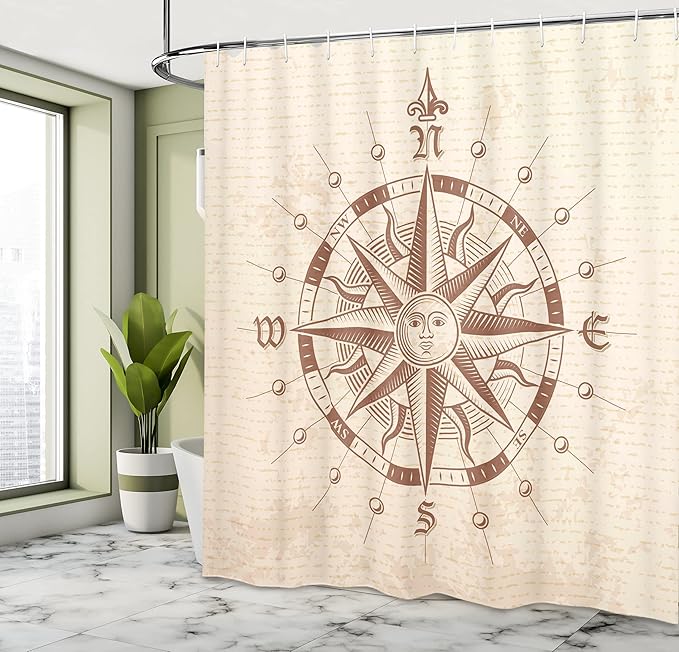 Ambesonne Compass Shower Curtain, Old Compass Rose a Sun Face Lady on It Instrument Distances Between Points Graphic, Cloth Fabric Bathroom Decor Set with Hooks, 69" W x 75" L, Tan Brown