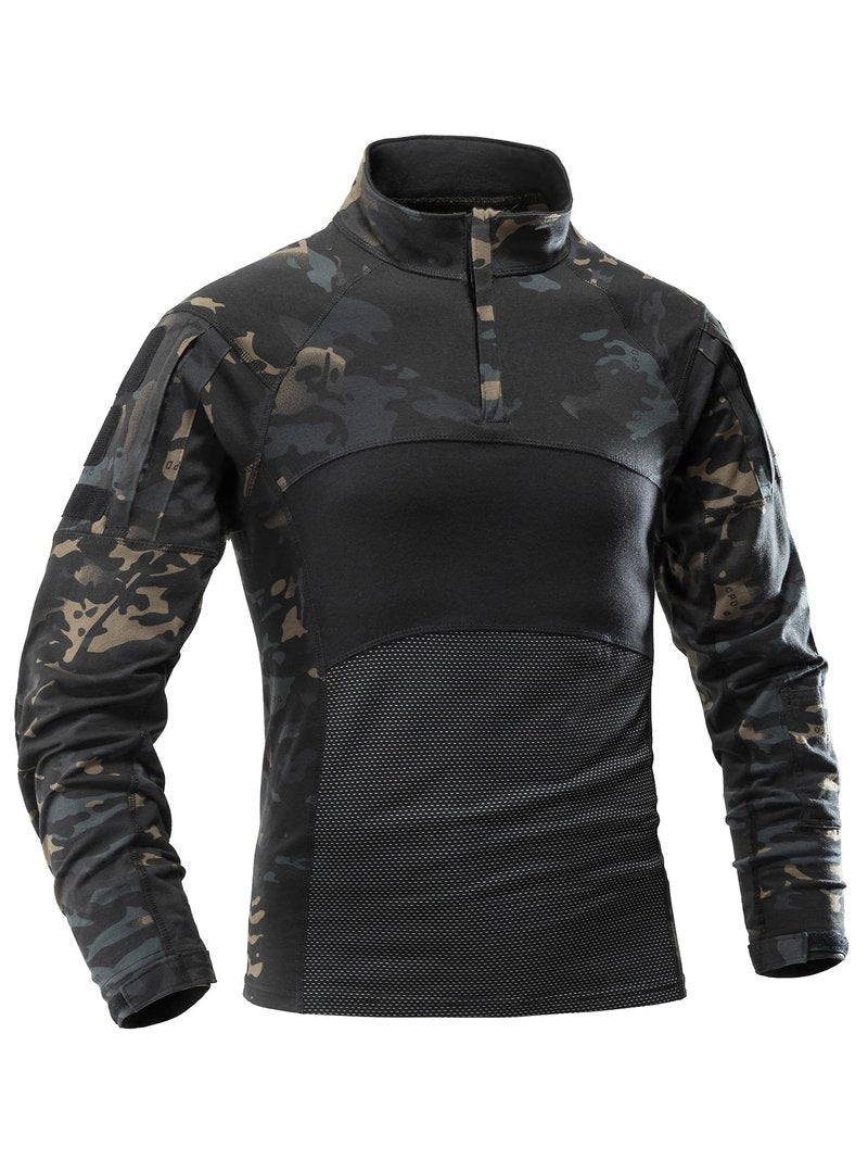AKARMY Men's Tactical Military Combat Shirt, Long Sleeve Camo T Shirt with Zipper Pockets 112 Dark CP