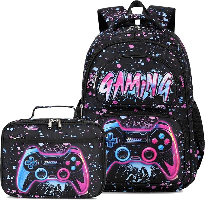 Kids Backpack Boys Gamer Backpack with Lunch Box Kindergarten Elementary Middle School Travel Sport Gaming Bookbag for Boys Girls Ages 4-14, Game-Galaxy