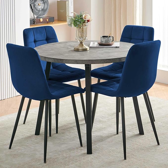 5-Piece Dining Room Table Set for 4, Round Kitchen Table Set, Grey Engineered Wood Coffee Breakfast Table with Hooks, 4 Soft Velvet Kitchen Dining Chairs, Metal Legs