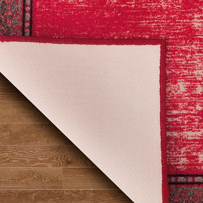 Antep Rugs Alfombras Bordered Modern 2x7 Non-Slip (Non-Skid) Low Pile Rubber Backing Indoor Area Runner Rug (Red, 2' x 7')
