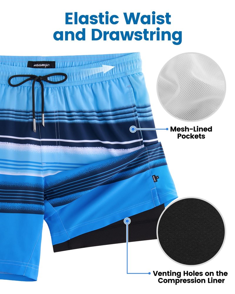 maamgic Mens Swim Trunks with Compression Liner 7 Inch Inseam Mens Bathing Suit Quick Dry Swimming Trunks Swimsuit Stripe Blue Black Small