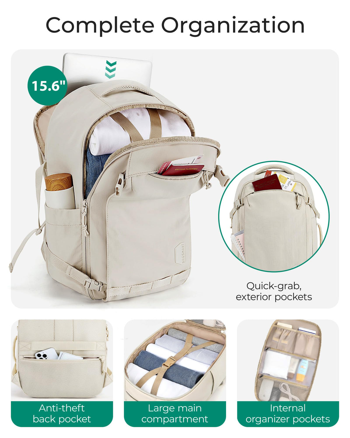 BAGSMART Travel Backpack Women, 15.6 Inch Carry On Backpack Flight Approved, TSA Approved Personal Item Travel Bag, Water Resistant Weekender Bag Luggage Daypack, Beige