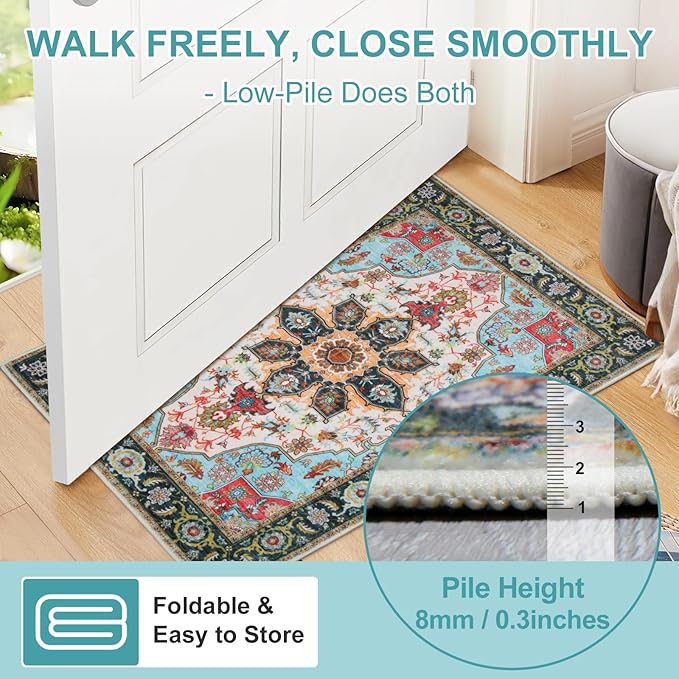 WILLSUN Washable Area Rugs, 2x6 Non-Slip Boho Area Rugs for Kitchen, Living Room, Bedroom, Machine Washable Vintage Rug, Indoor Floral Print Carpet for Home Decor, Kid & Pet Friendly Mat