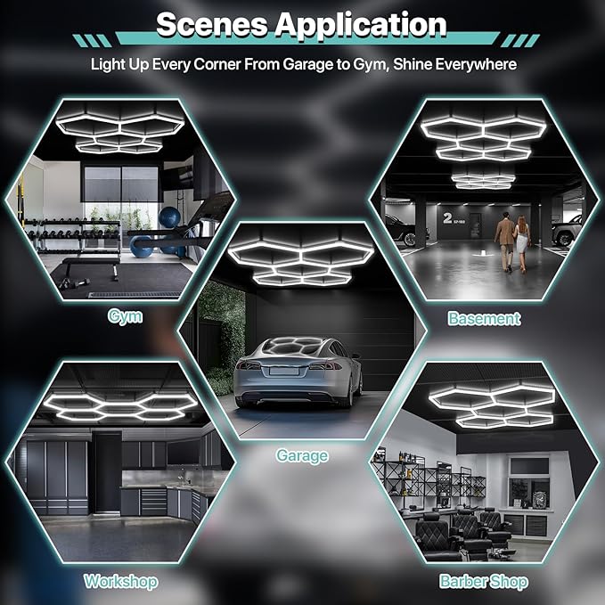 Hexagon Garage Lights, 15 Grids LED Garage Hexagon Lights with Rectangle Frame, 6500K Super Bright Honeycomb Lights Ceiling for Garage, Warehouse, Car Detailing Shop, Exhibition Hall, Gym
