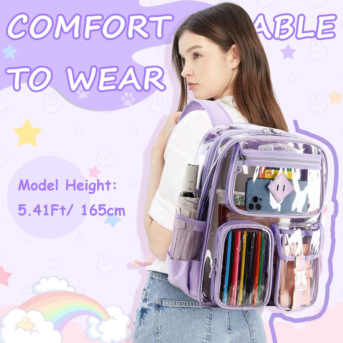PIG PIG GIRL Clear Backpack for School,Heavy Duty PVC Transparent Bookbag for Girls Stadium Approved See Through Backpack