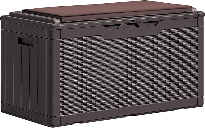 Greesum 100 Gallon Resin Deck Box Large Outdoor Storage Boxes with Cushions for Garden Tools, Patio Furniture Pillows, Pool Supplies, Dark Brown