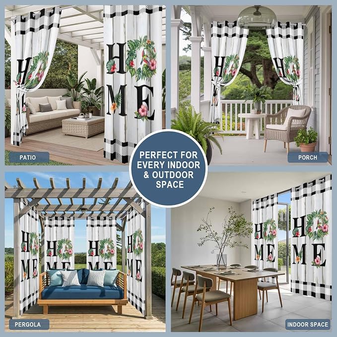 Summer Outdoor Curtains for Patio Leaves Garland Plumeria Wood Buffalo Plaid