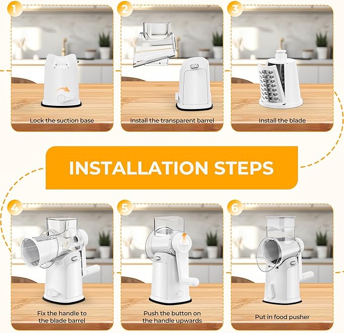 YSEPOZ 7 IN 1 Upgraded Rotary Cheese Grater with Handle – Vegetable Shredder with Built-in Storage Blade Slot, 5 Versatile Blades, Strong Suction Base Round Mandoline Slicer, Food Chopper for Kitchen