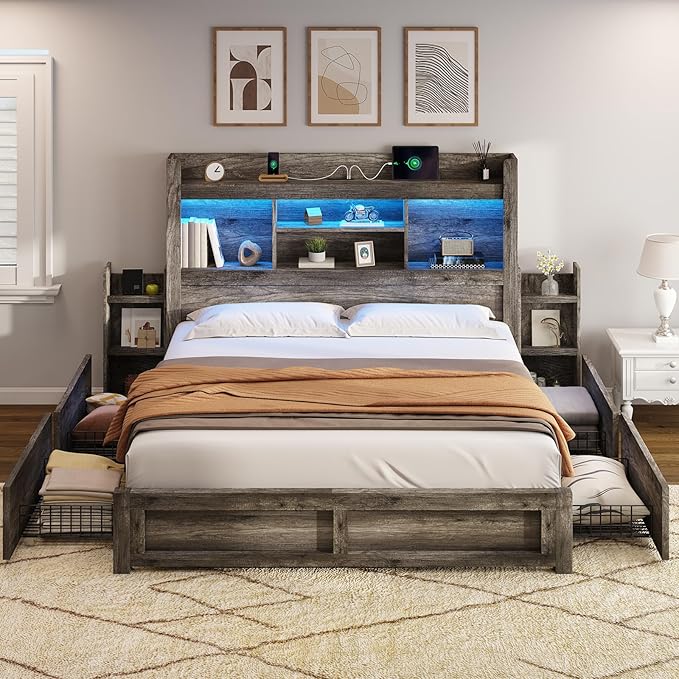 AMERLIFE Queen Bed Frame with 4 Storage Drawers, LED Bed Frame with 49“ Tall Bookcase Headboard, Wood Platform Bed with Charging Station & 2 Slide Bedside Shelf, No Box Spring Needed/Rustic Grey