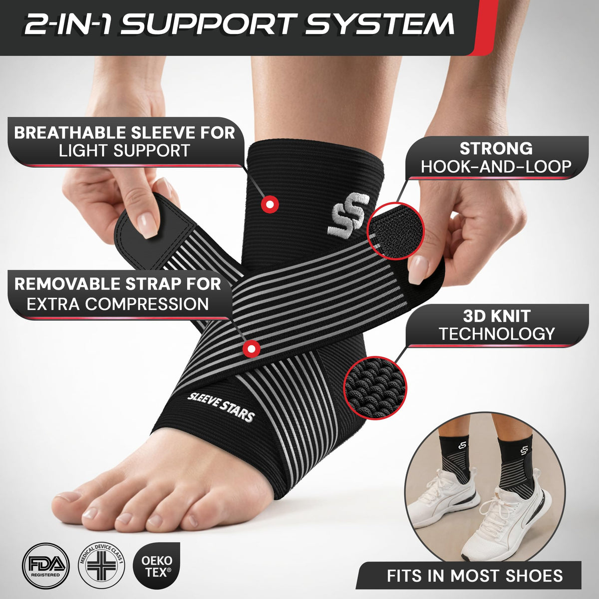 Sleeve Stars Ankle Brace for Women & Men, Ankle Wrap for Sprained Ankle, Compression Sleeve for Plantar Fasciitis Relief, Easy Customizable Support: w/Removable Strap (Single/S:9"-10"/Black)