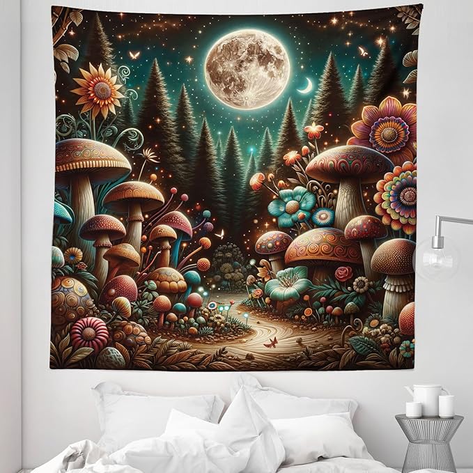 Ambesonne Aesthetic Tapestry Queen Size, Colorful Psychedelic and Traditional Detailed Mushrooms Night Forest, Wall Hanging Bedspread Bed Cover Wall Decor, 88" X 88", Dark Teal Purple Orange