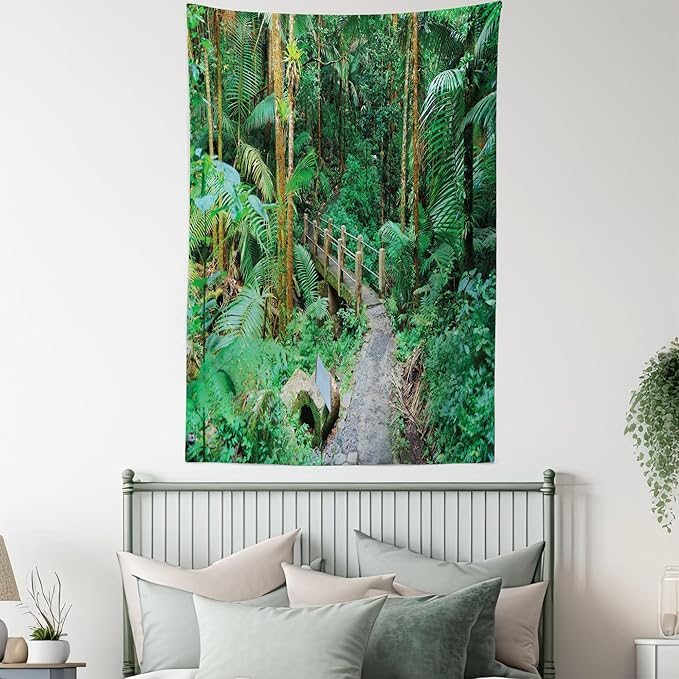 Ambesonne Puerto Rico Tapestry Twin Size, Tropical Rain Forest in San Juan Exotic Jungle Nature Photography, Wall Hanging Bedspread Bed Cover Wall Decor, 68" X 88", Green Pale Brown Ginger