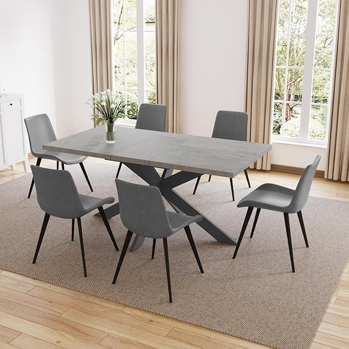 ZckyCine 79" Farmhouse Rustic Expandable Wood Dining Table with 6 Leather Chairs, Rectangular Table for Dining Room & Home Office