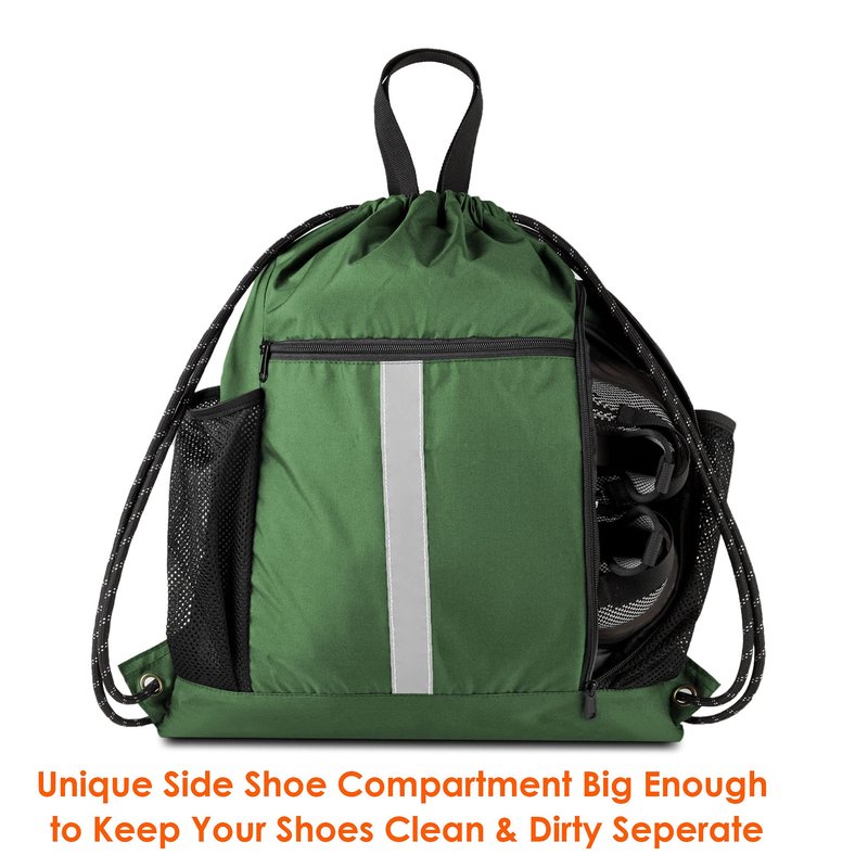 BeeGreen Green Drawstring Bag Gym Cinch Backpack w Shoe Compartment and Two Side Pockets Machine Washable Sports Sinch Sack String Sackpack for Swim Equipment Beach Travel