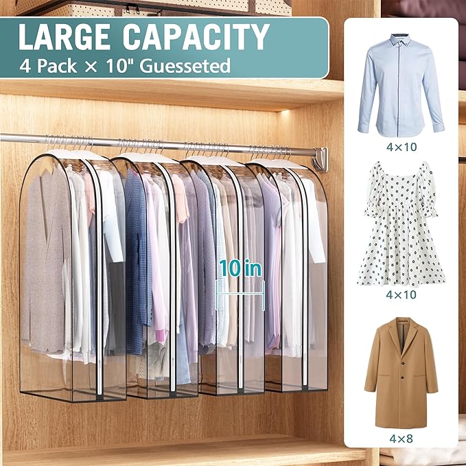 Liuoud Clear Garment Bags for Hanging Clothes 10” Gusseted, Suit Bags for Closet Storage, Hanging Plastic Clothes Cover for Coat, Dress, Fur, Shirt, 4 Pack, 40” Long