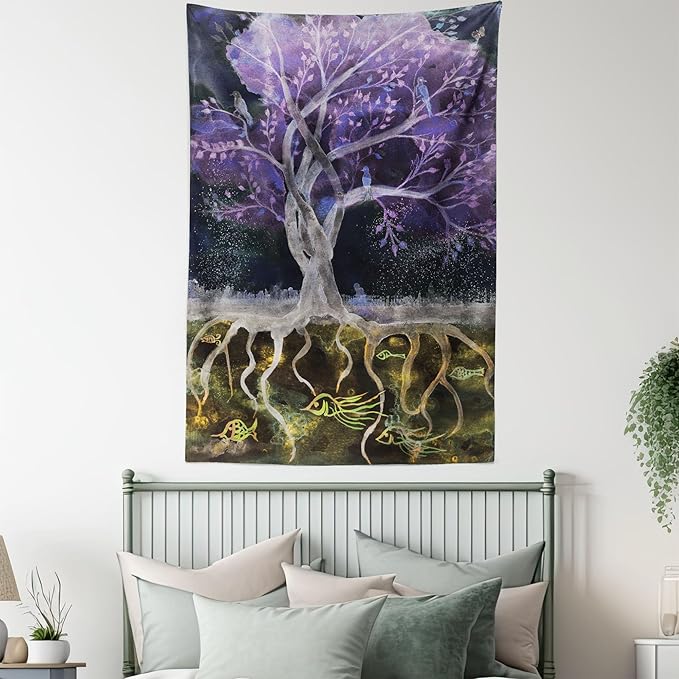 Ambesonne Tree of Life Tapestry, Psychedelic Mysterious Nature at Night Birds and Fishes Home Art, Fabric Wall Hanging Decor for Bedroom Living Room Dorm, 23" X 28", Purple Black
