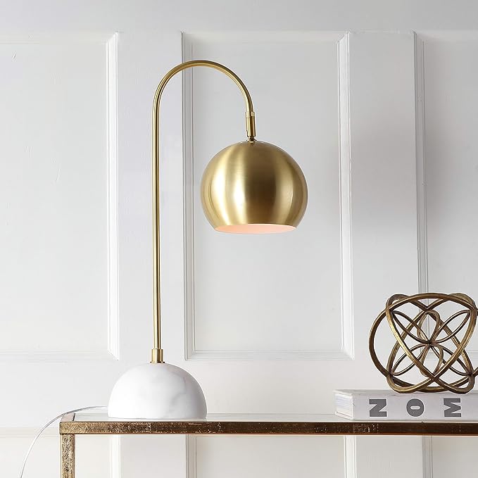 JONATHAN Y 23.5" Brass Gold and White Stephen Metal and Marble LED Table Lamp, Modern Arched Task Lamp for Living Room Bedroom Office, LED Bulb Included JYL6000A