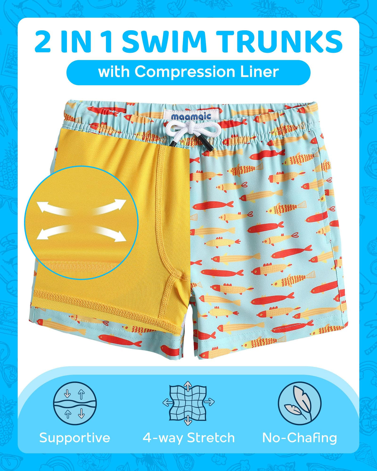 maamgic Boys Swim Trunks with Compression Liner Toddler Boy Swimsuit Quick Dry 4-Way Stretch Swimming Trunks Fishes Lake Green 14-16 Years