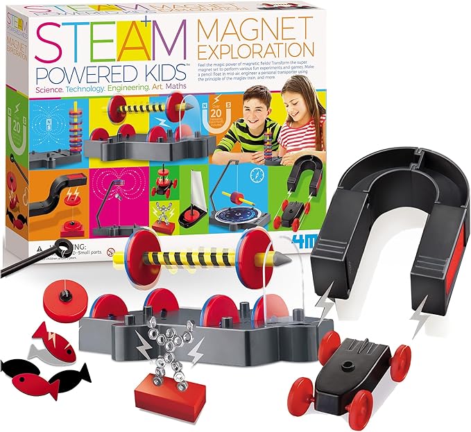 4M - STEAM Magnet Exploration - Hands-On Science Kit with Magnetic Toys Experiments for Kids Ages 5+ - Includes Magnet Toys Wand, U-Shaped Magnet, Racers, Yacht & More - Educational STEM Toy Gift