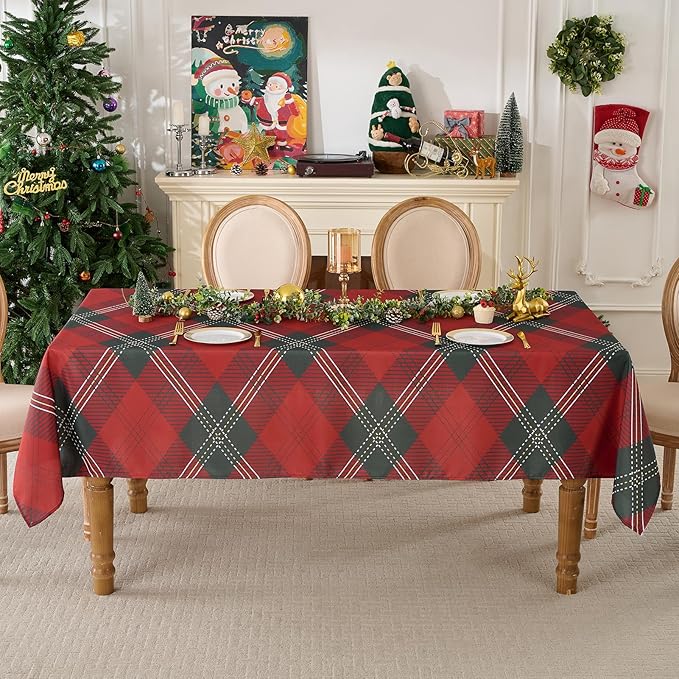 Christmas Tablecloth Rectangular 60x102 Inch Waterproof Table Cloth for 6ft, Washable Polyester Table Cover for Xmas Party, Winter Holiday Home Decoration in Festive Checkered Green 1pack