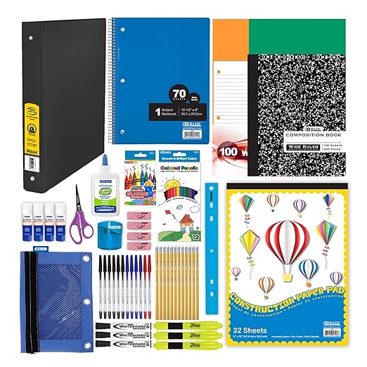 BAZIC PRODUCTS Elementary School Supply Kit, 86-count Student Set for Elementary Students Grades 3-6, Complete School Supplies With Fully Organized Supply Box, 1-pack