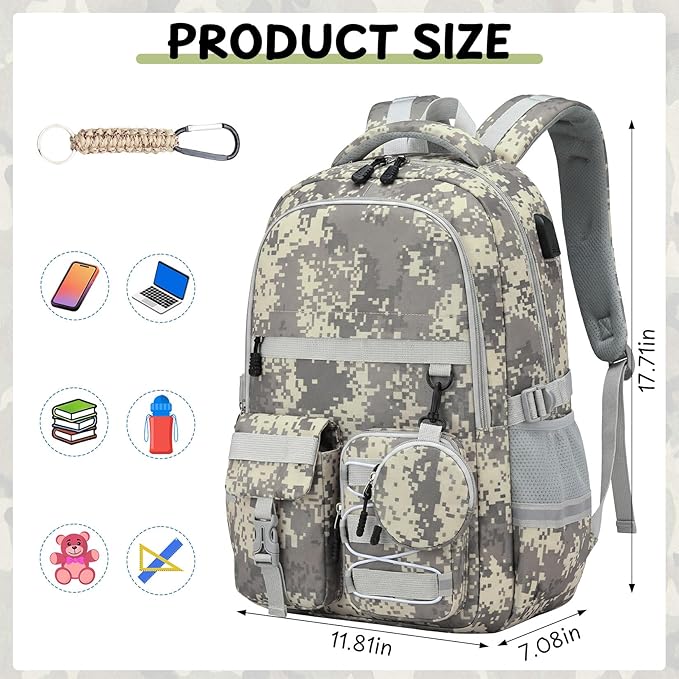 School Backpack for Boys - Camo Boys Backpack for Kids Teens Elementary, Middle & High School Bookbag Daypack with Camouflag Design,18″ Large Capacity with Usb Charging Port & Key-chain