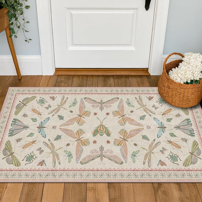 Light Pink Washable Bathroom Rug - 2x4 Small Kitchen Rugs for Powder Room, Front Door Indoor Entrance, Low Pile Stain Resistant, Colorful Pastel Aethestic