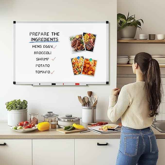 NEWBULIG Magnetic Dry Erase Board, 36" x 24" Large White Board for Wall with 1 Dry Eraser & 2 Multicolor Markers & 4 Magnetic Pins, Silver Aluminum Frame for Office, Home, School
