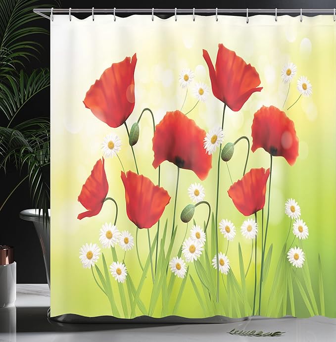 Ambesonne Poppy Flower Shower Curtain, Spring Environment with Poppies and Daisies on Grass Flourishing Nature, Cloth Fabric Bathroom Decor Set with Hooks, 69" W x 70" L, Red Green