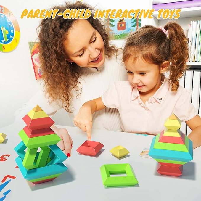 40Pcs Montessori Toys for Ages 3 4 5 6 Toddlers Kids Baby,Pyramid Stacking Building Toys,3D Preschool Learning Blocks for Kids,STEM Sensory Toy Gifts for 3-5 Year Old Boy Girl,Plastic Storage Box Set