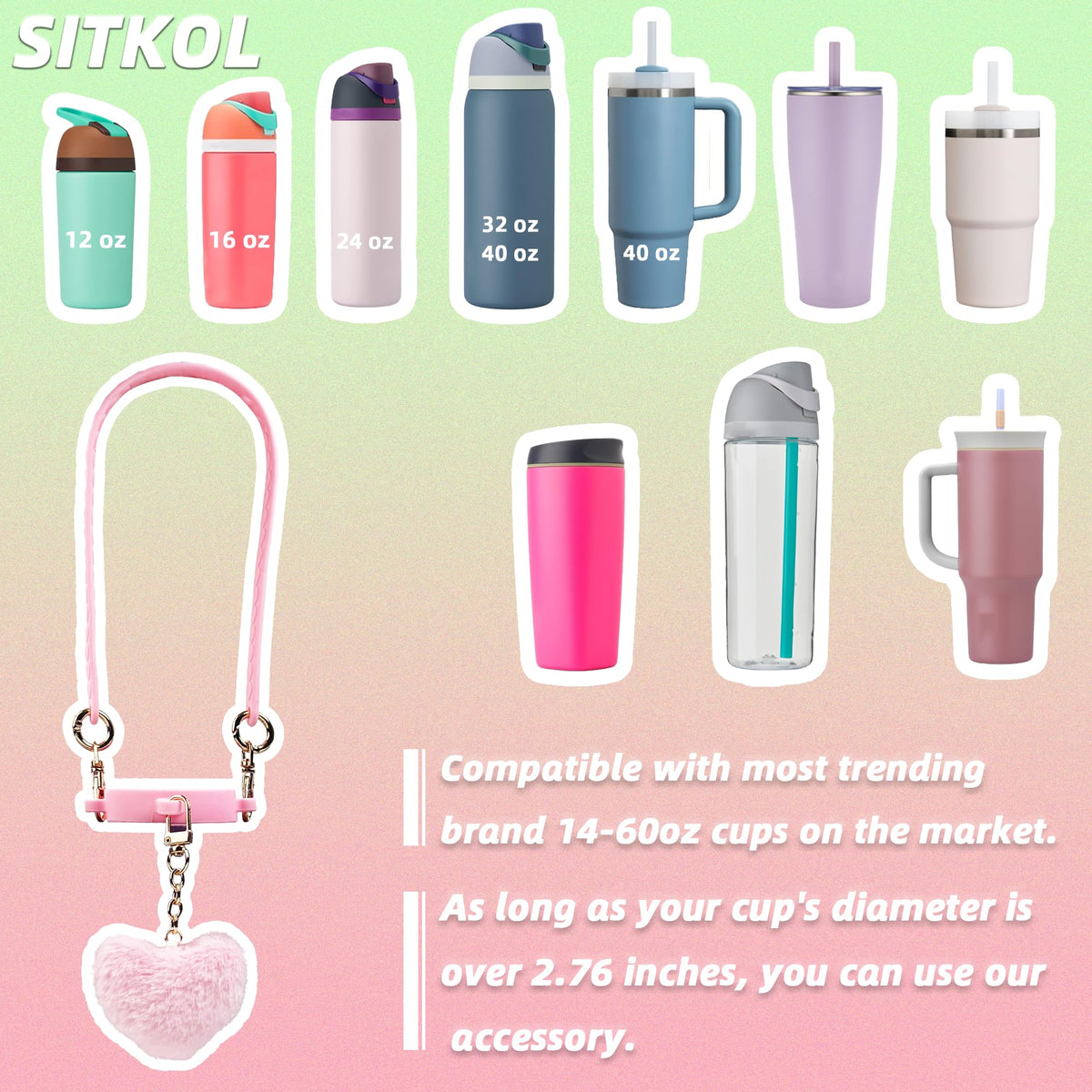 Handle Strap with Heart Charms for Owala & Stanley Cups, for Owala Water Bottle 24oz, 32oz, 40oz, Owala Coffee Tumbler, Pink Owala, Stanley 30oz, 40oz Tumblers, Stanley & Owala Accessories (Pink)