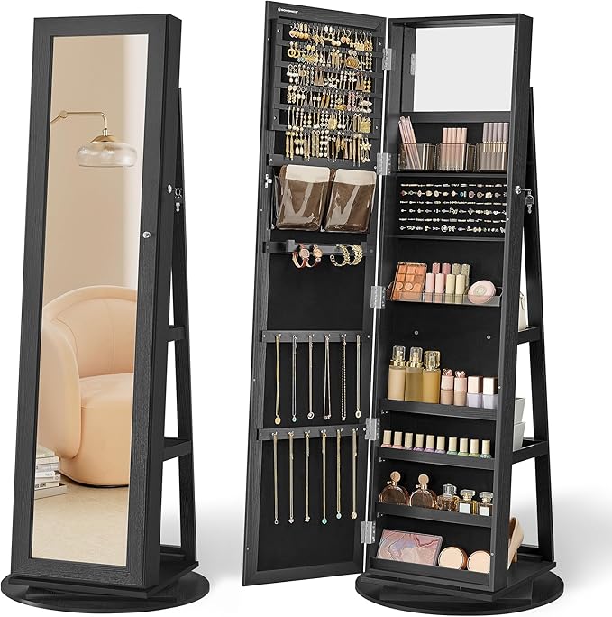 SONGMICS 360° Swivel Jewelry Cabinet, Lockable Jewelry Organizer with Full-Length Mirror, Rear Storage Shelves, Interior Mirror, Jewelry Armoire, Gift Idea, Black UJJC006B01