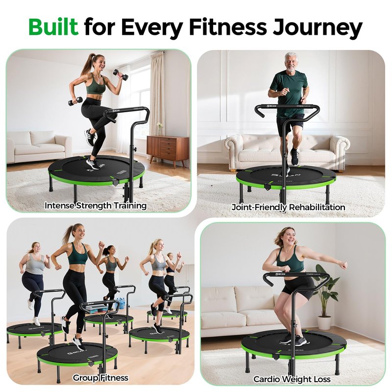 BCAN 40"/38" Foldable Mini Trampoline, Rebounder Trampoline for Adults, U/T Adjustable Foam Handle, Exercise Rebounder for Adults Indoor/Garden Workout, Max Load 330lbs/440lbs-40IN-T-Handle-Green