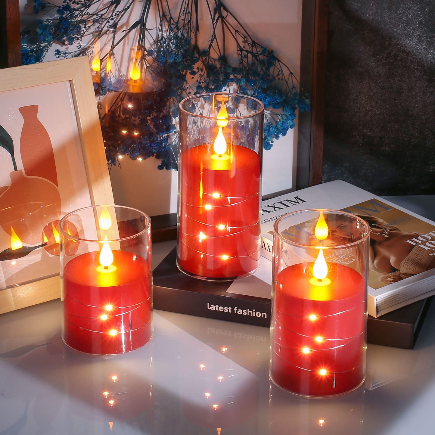 Da by Flickering Flameless Candles with Remote,Acrylic LED Candles with Embedded Star String,Battery Operated Candle, for Home and Holiday Decoration Set of 3（Red）