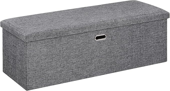 VECELO 43'' Folding Storage Ottoman Bench, End of Bed Linen Fabric Foot Rest Stool with Padded Seat, Large Footstools for Bedroom, Living Room, Load 660 lb, Grey