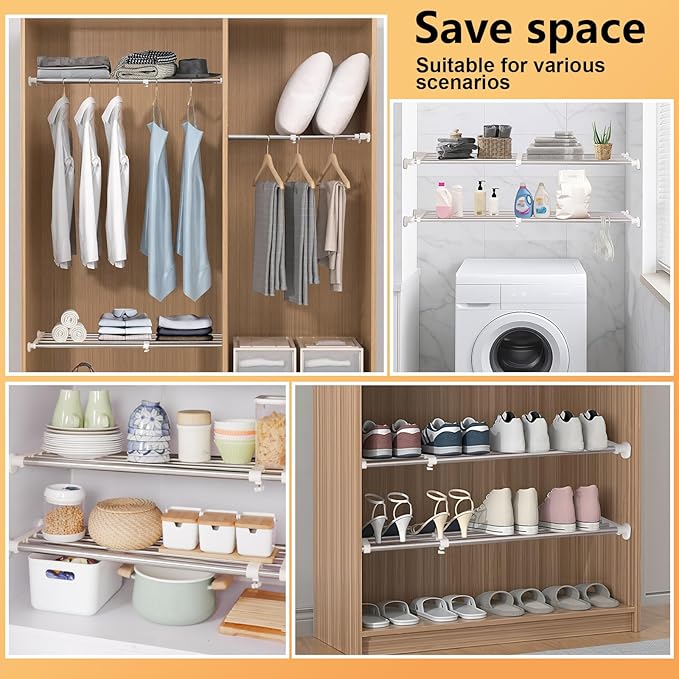 BAOYOUNI Adjustable Closet Tension Shelf Rod Expandable Clothes Hanging Rail Pole Dividers Wardrobe Space Saving Storage Organizer Ivory, 46.85-75 Inches