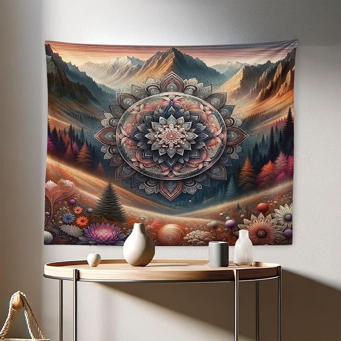 Ambesonne Hippie Tapestry, Modern Scandi Blooming Trippy Flower with Mountain Landscape Woodland, Fabric Wall Hanging Decor for Bedroom Living Room Dorm, 28" X 23", Pale Vermilion Cadet Blue