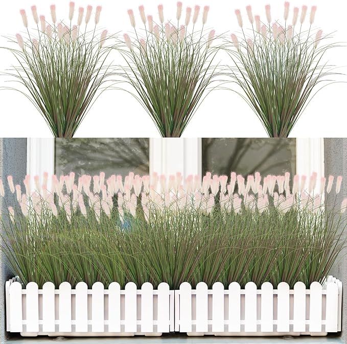 Artificial Grasses Plants Oudoor 12 Bunches Onion Grass Greenery with Plush Faux Fake Shrubs Plant Onion Wheat Grass for Outside Garden Indoor House Home Office Décor (Light Purple & Pink Plush）